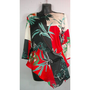 Zara Basic Black Asymmetrical Hem Long Sleeve Blouse Floral Print Women's Medium